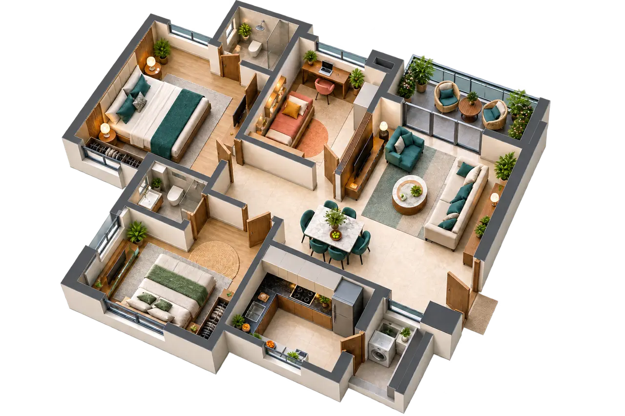 Conceptual furnished two-bedroom apartment with a flexible study Conceptual furnished two-bedroom apartment with a flexible study