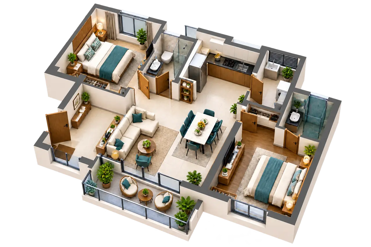 Conceptual furnished two-bedroom apartment planning study Conceptual furnished two-bedroom apartment planning study