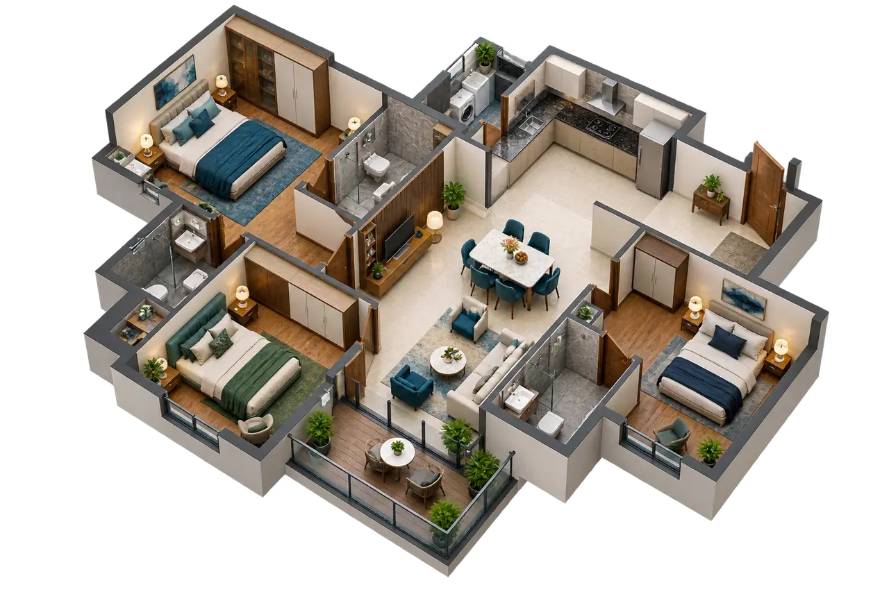 Conceptual furnished three-bedroom apartment planning study Conceptual furnished three-bedroom apartment planning study
