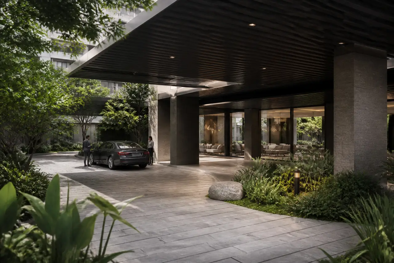 Shaded apartment arrival canopy beside a glazed lobby and dense planting