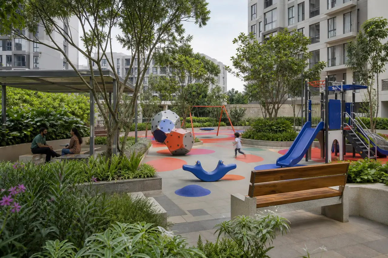 Landscaped family court with colourful play forms and shaded seating