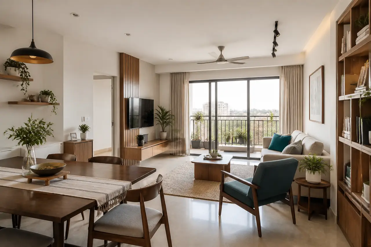 Bright apartment living and dining room with balcony light and timber storage