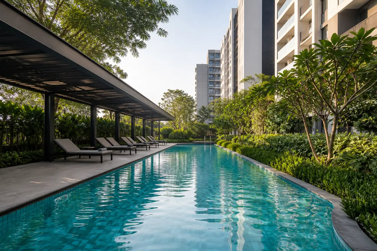 Outdoor lap pool with a stone deck, planting and apartment buildings beyond